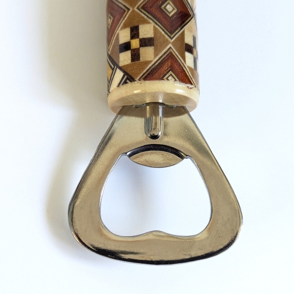 Japanese "Yosegi-zaiku" Marquetry Kokeshi Style Bottle Opener Handmade Folk Art - Picture 9 of 12